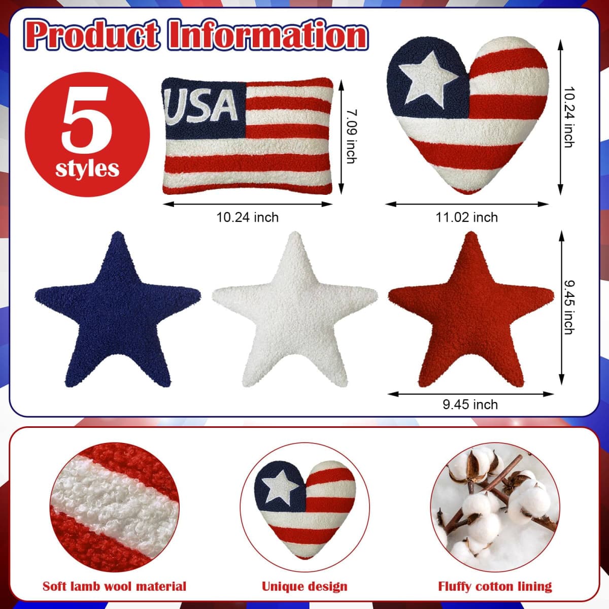 Beeveer 5 Pcs Patriotic Pillows 4th of July Independence Day Wool Pillow Memorial Day Patriotic Pillow Americana Farmhouse Flag Stripe USA Stars Shaped Plush Cushion for Sofa Couch Bedroom Livingroom thumbnail 3