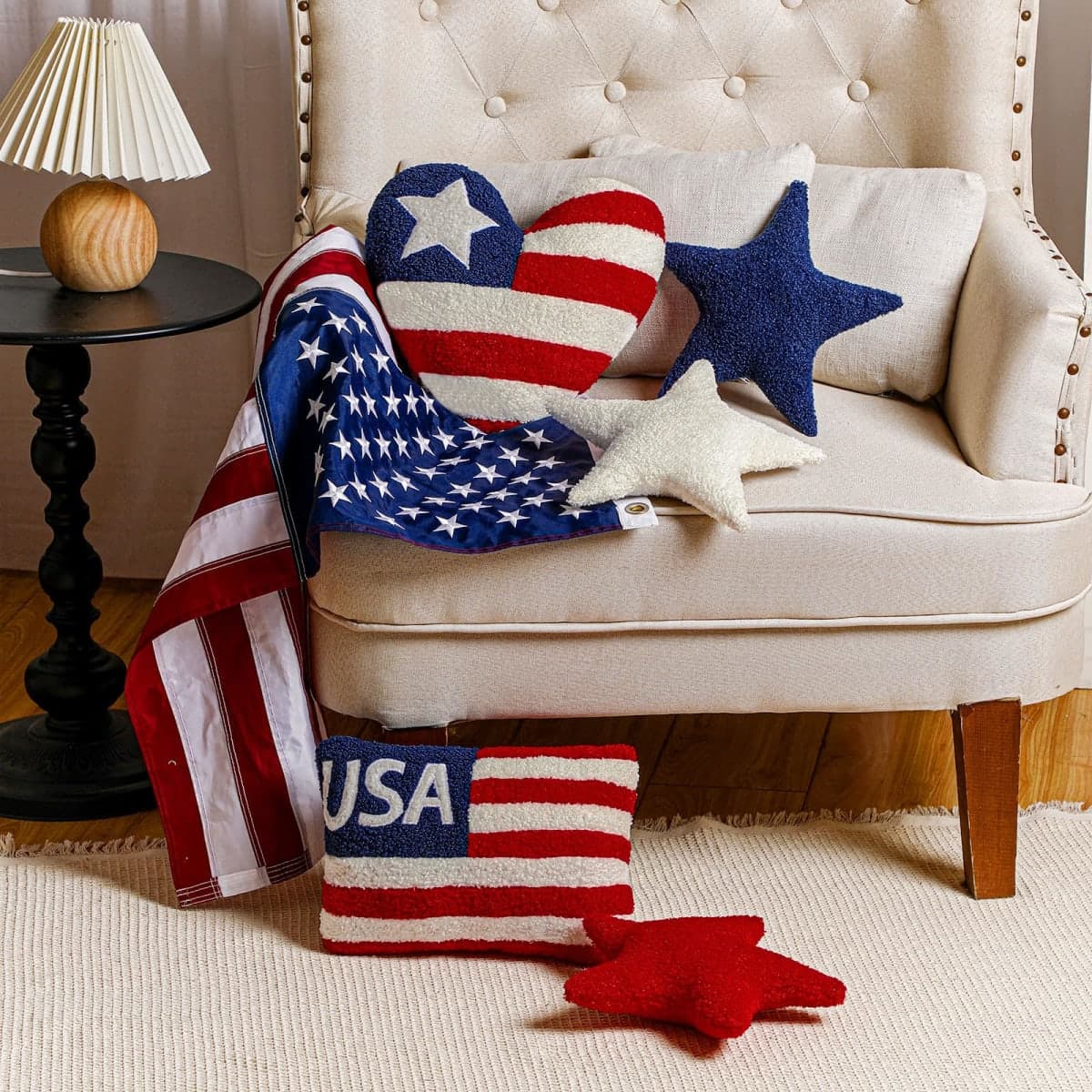 Beeveer 5 Pcs Patriotic Pillows 4th of July Independence Day Wool Pillow Memorial Day Patriotic Pillow Americana Farmhouse Flag Stripe USA Stars Shaped Plush Cushion for Sofa Couch Bedroom Livingroom thumbnail 4