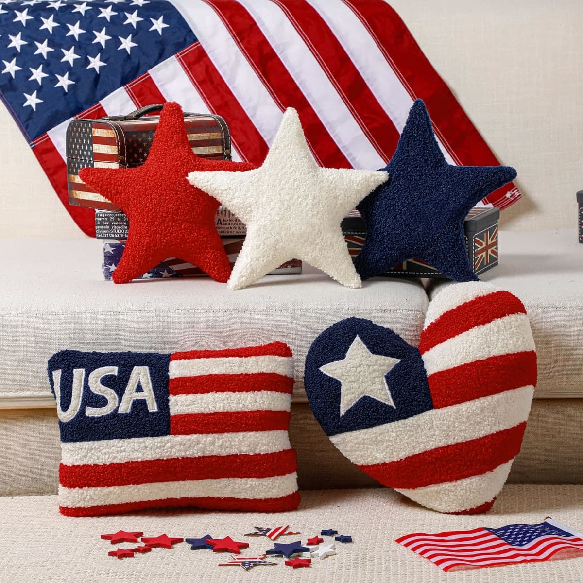 Beeveer 5 Pcs Patriotic Pillows 4th of July Independence Day Wool Pillow Memorial Day Patriotic Pillow Americana Farmhouse Flag Stripe USA Stars Shaped Plush Cushion for Sofa Couch Bedroom Livingroom thumbnail 5