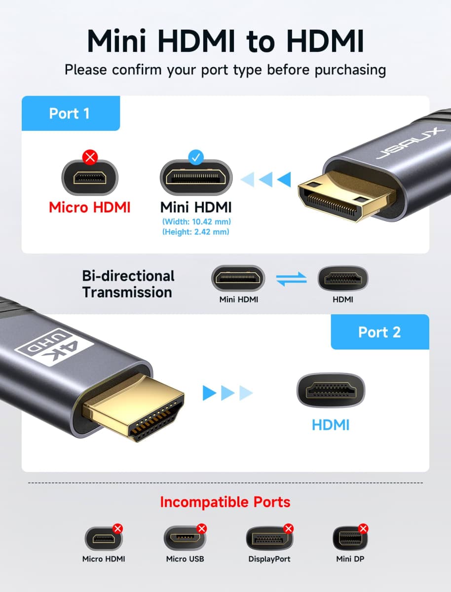 JSAUX Mini HDMI to HDMI Cable 6FT, 4K 60Hz High Speed Mini HDMI 2.0 Cord, HDMI to Mini HDMI Cable Compatible with Camera, Camcorder, Tablet and Graphics, Video Card, Laptops, Raspberry Pi Zero W -Grey thumbnail 2