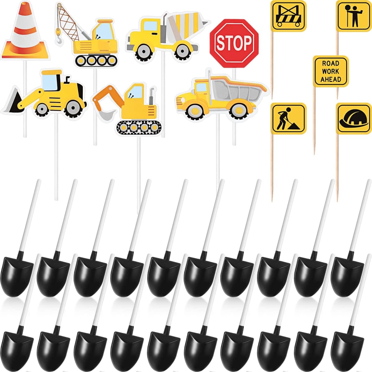 128 Construction Party Decoration, Include 50 Mini Novelty Disposable Plastic Shovel Shape Dessert Spoon, 28 Truck Cupcake Toppers, 50 Construction Sign Cake Toppers for Birthday Party Supplies — image 1