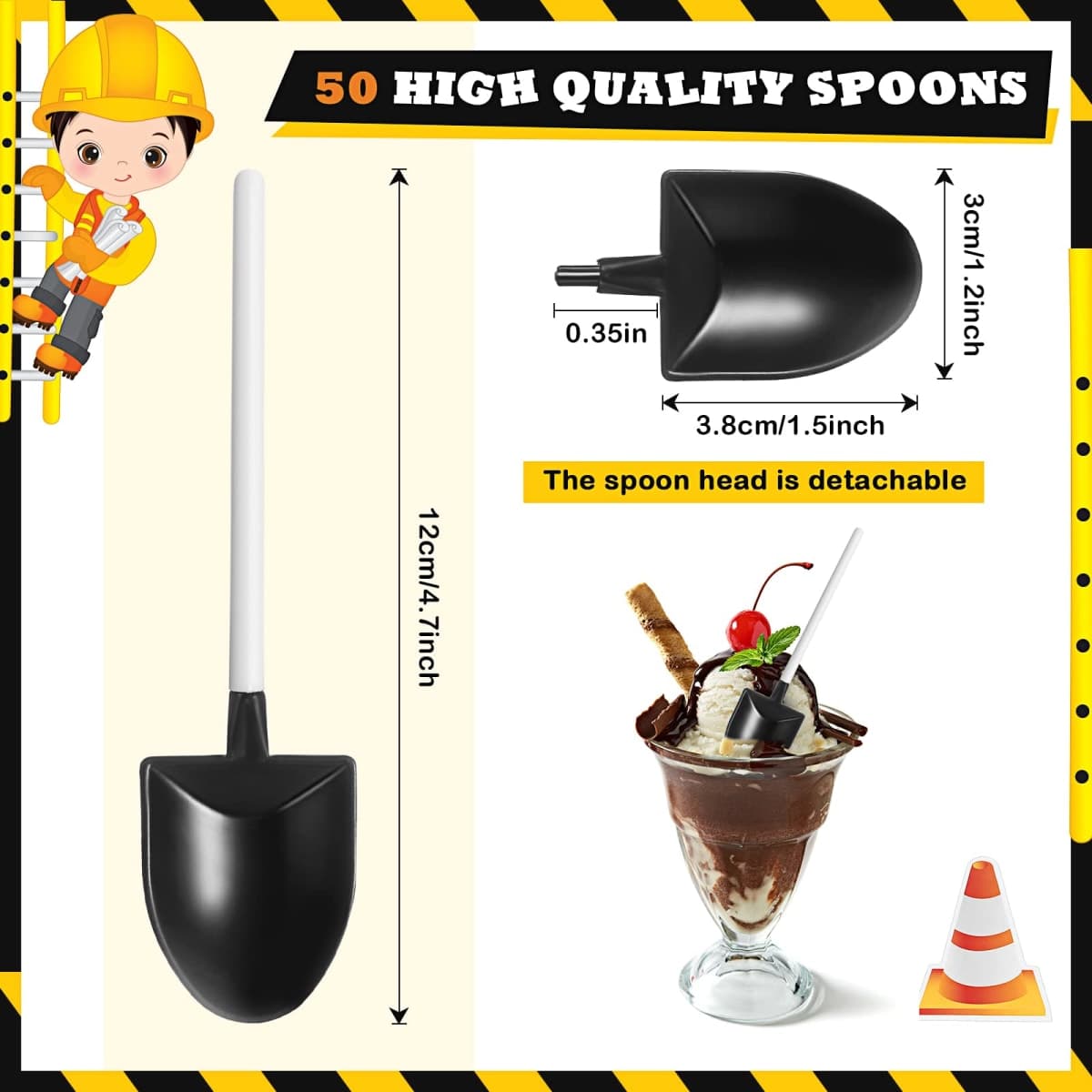 128 Construction Party Decoration, Include 50 Mini Novelty Disposable Plastic Shovel Shape Dessert Spoon, 28 Truck Cupcake Toppers, 50 Construction Sign Cake Toppers for Birthday Party Supplies thumbnail 2