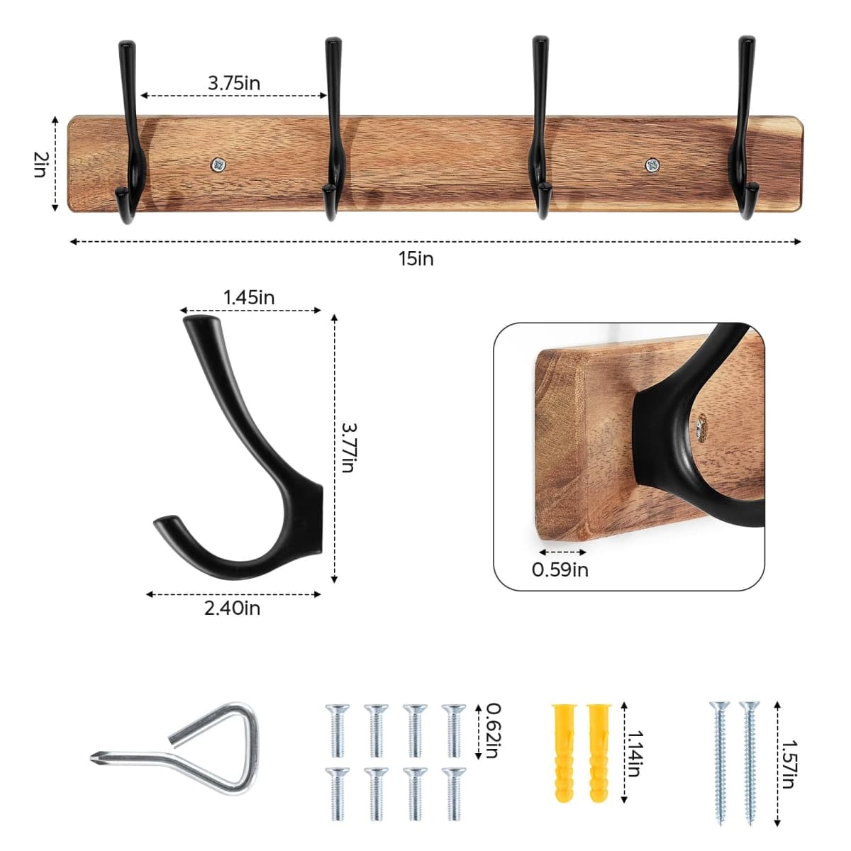 Yangbaga Coat Rack Wall Mount,Acacia Wood Coat Hooks Wall Mount,15" Wall Coat Rack with Heavy Duty 4-Double-Hooks,Hat Rack Wall Coat Hanger for Towel/Dog’s Leashes/Coat/Bag thumbnail 2