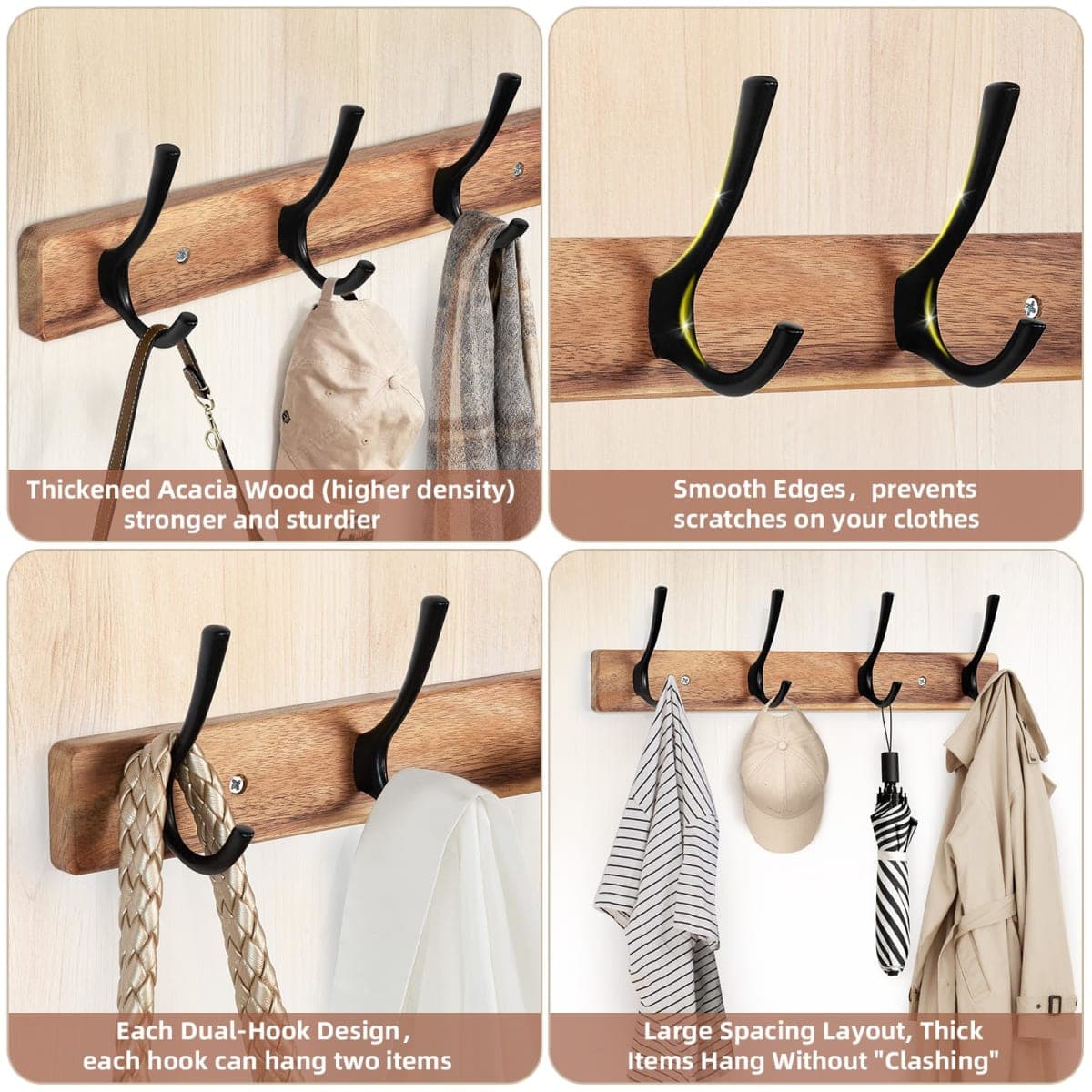 Yangbaga Coat Rack Wall Mount,Acacia Wood Coat Hooks Wall Mount,15" Wall Coat Rack with Heavy Duty 4-Double-Hooks,Hat Rack Wall Coat Hanger for Towel/Dog’s Leashes/Coat/Bag thumbnail 3