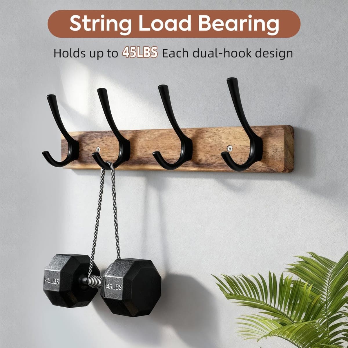 Yangbaga Coat Rack Wall Mount,Acacia Wood Coat Hooks Wall Mount,15" Wall Coat Rack with Heavy Duty 4-Double-Hooks,Hat Rack Wall Coat Hanger for Towel/Dog’s Leashes/Coat/Bag thumbnail 4