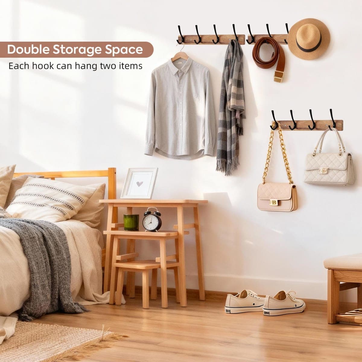 Yangbaga Coat Rack Wall Mount,Acacia Wood Coat Hooks Wall Mount,15" Wall Coat Rack with Heavy Duty 4-Double-Hooks,Hat Rack Wall Coat Hanger for Towel/Dog’s Leashes/Coat/Bag thumbnail 5