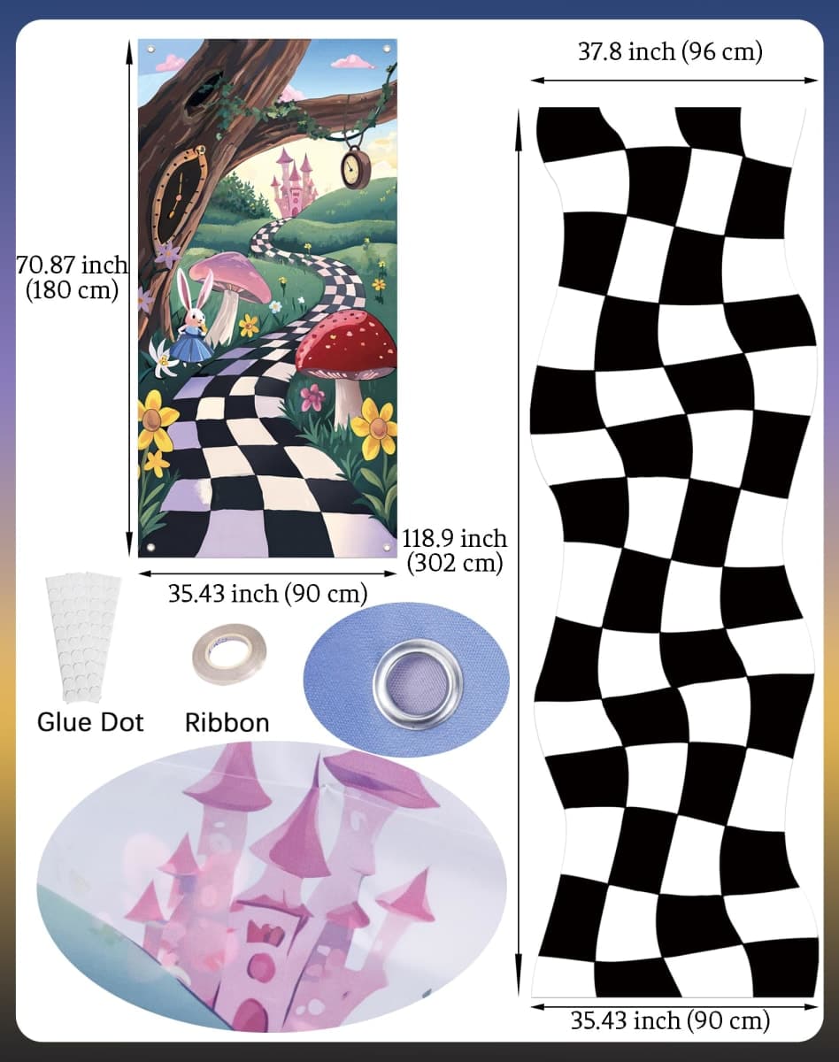 HOMEZZO Wonderland Party Decorations – 2PCS Backdrop (70.87"×35.43") and Wavy Checker Floor Runner (118.9"×37.8") for Birthday Party, Entrance Decor, Photo Booth Supplies thumbnail 2