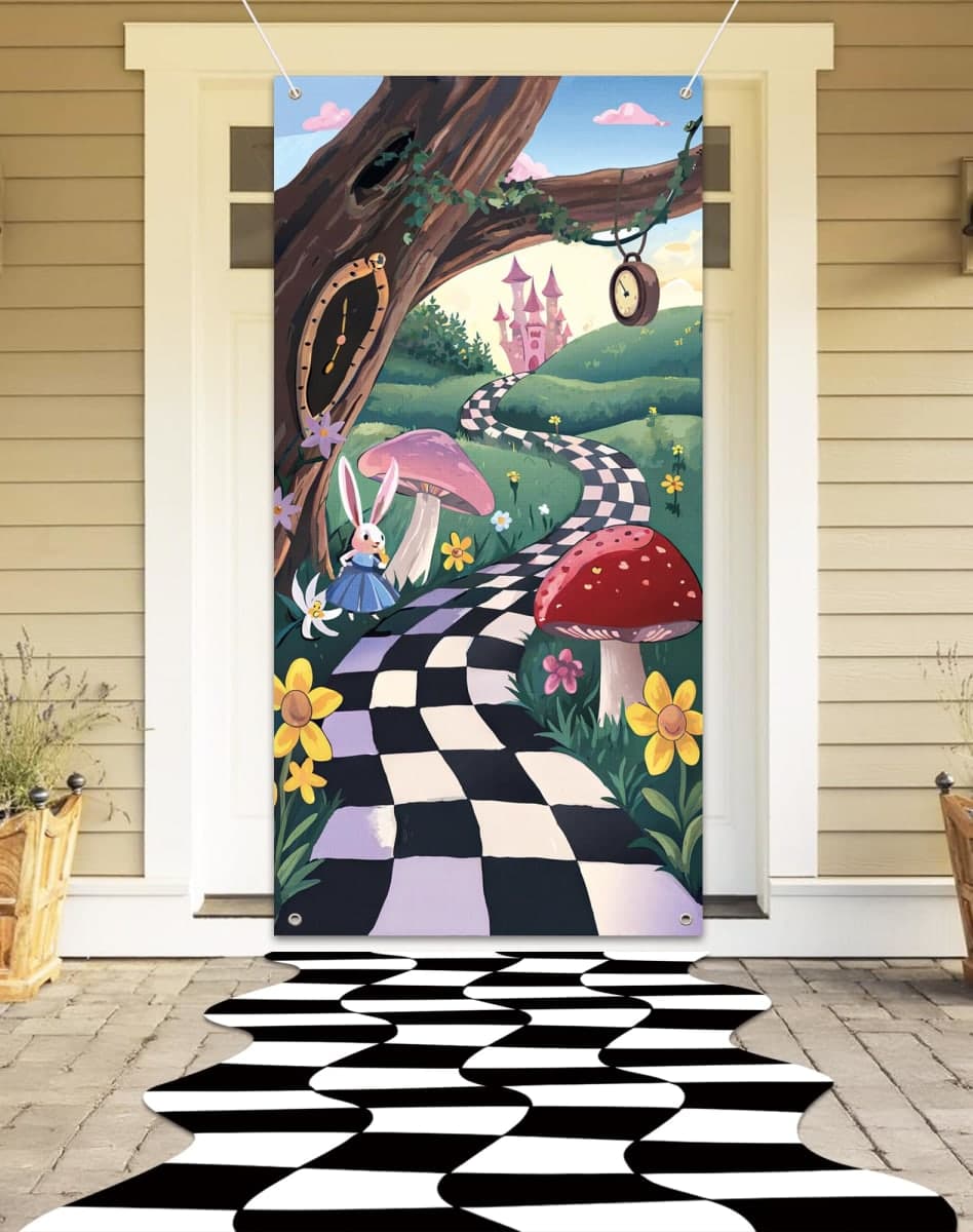 HOMEZZO Wonderland Party Decorations – 2PCS Backdrop (70.87"×35.43") and Wavy Checker Floor Runner (118.9"×37.8") for Birthday Party, Entrance Decor, Photo Booth Supplies thumbnail 3