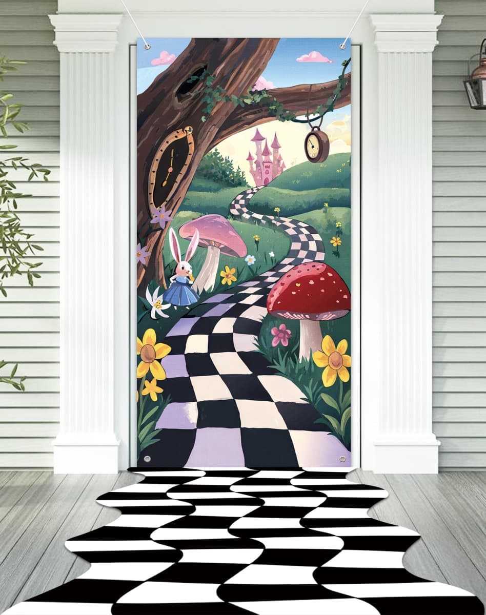 HOMEZZO Wonderland Party Decorations – 2PCS Backdrop (70.87"×35.43") and Wavy Checker Floor Runner (118.9"×37.8") for Birthday Party, Entrance Decor, Photo Booth Supplies thumbnail 4