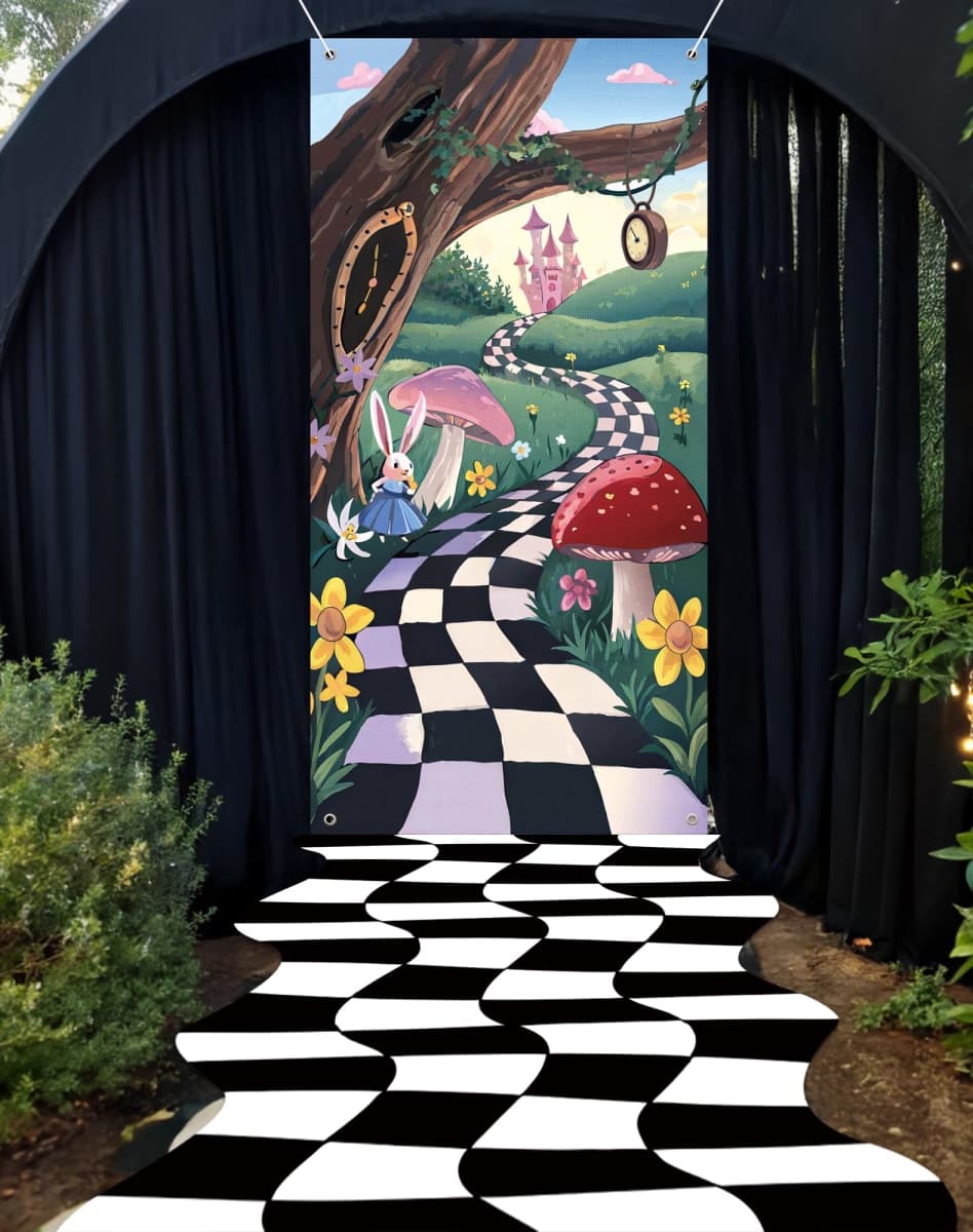 HOMEZZO Wonderland Party Decorations – 2PCS Backdrop (70.87"×35.43") and Wavy Checker Floor Runner (118.9"×37.8") for Birthday Party, Entrance Decor, Photo Booth Supplies thumbnail 5
