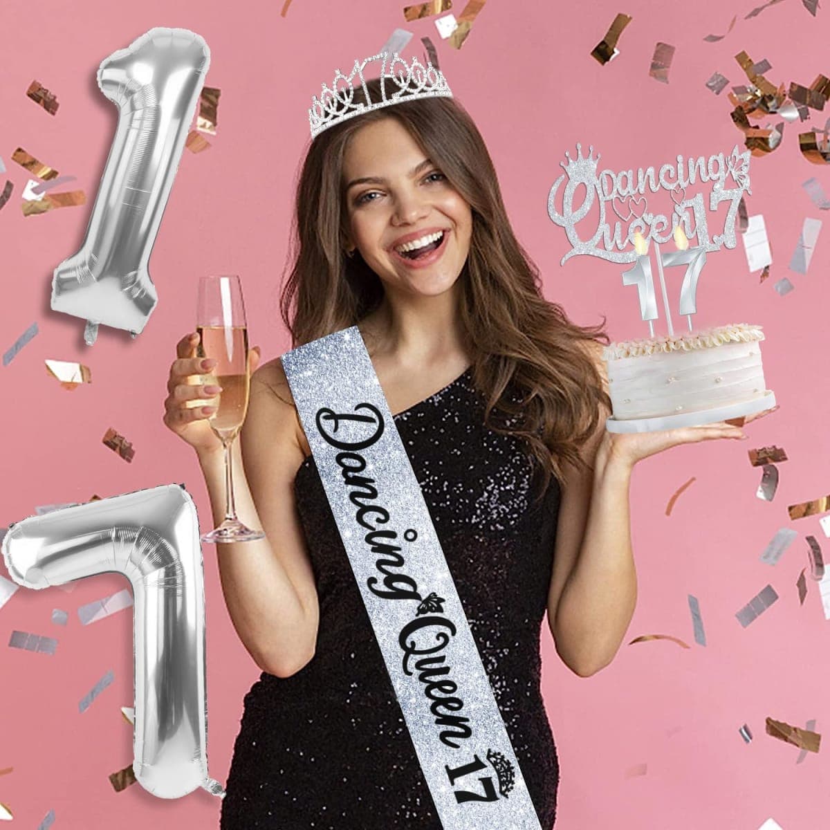 Dancing Queen Party Decorations 17 Silver with Dancing Queen 17 Sash and Tiara, Cake Topper and Candles, Silver Number Balloons, 17 Year Old Girl Gift Ideas thumbnail 2