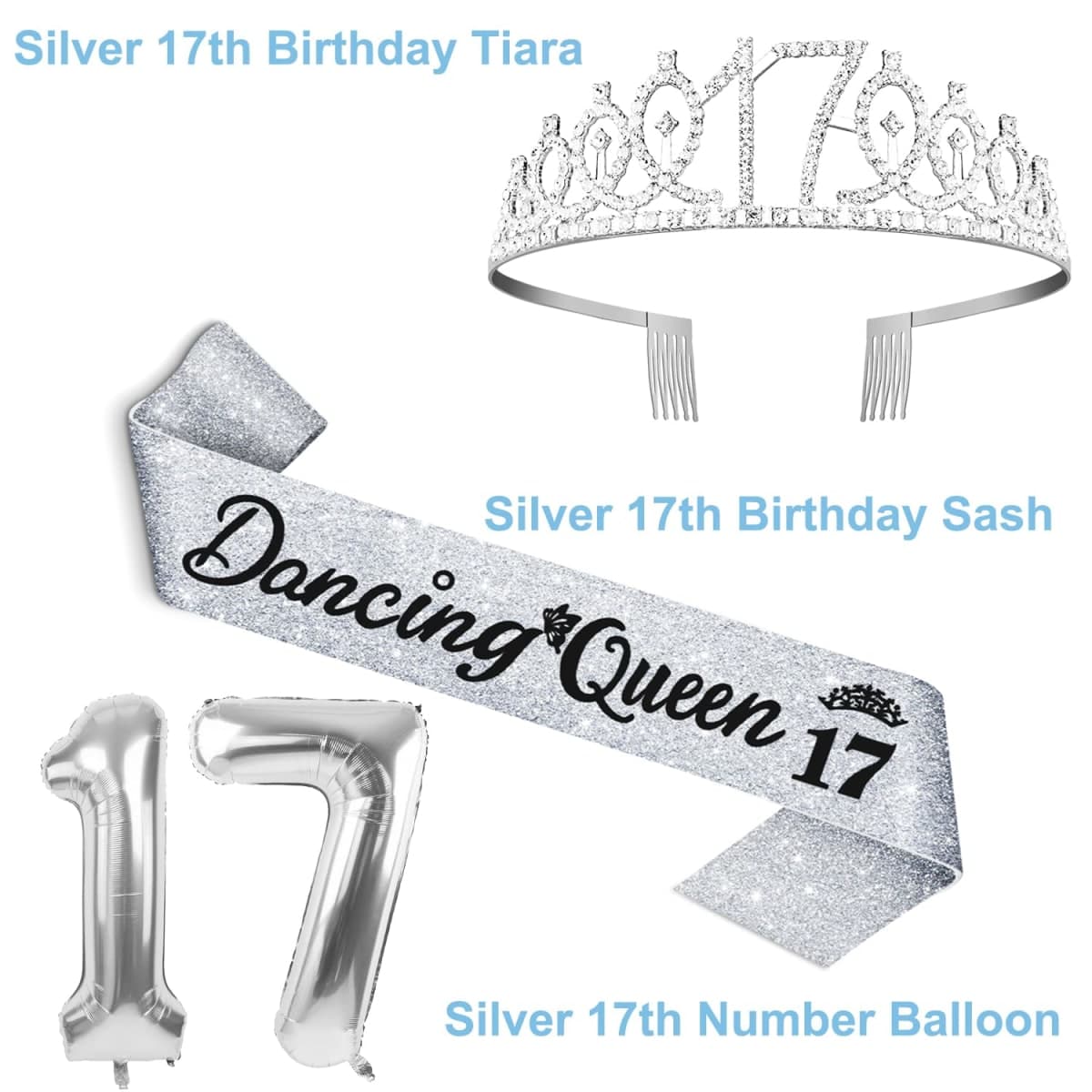 Dancing Queen Party Decorations 17 Silver with Dancing Queen 17 Sash and Tiara, Cake Topper and Candles, Silver Number Balloons, 17 Year Old Girl Gift Ideas thumbnail 3