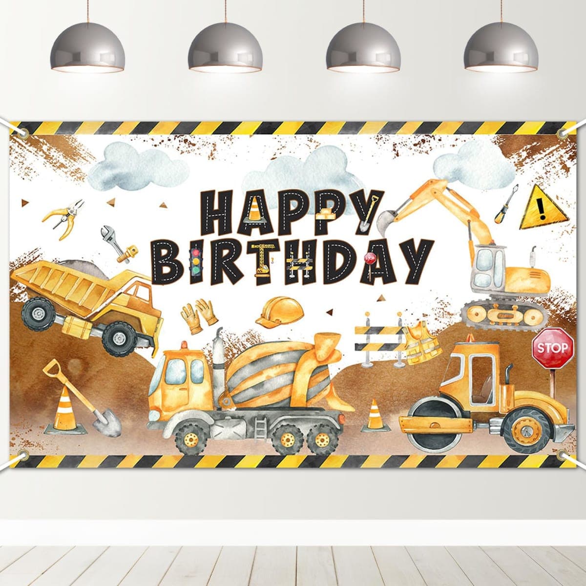 Avezano Construction Birthday Backdrop Banner Construction Theme Birthday Party Decorations Excavator Happy Birthday Banner for Boys Kids Bday Supplies 70.8 x 43.3 Inch — image 1
