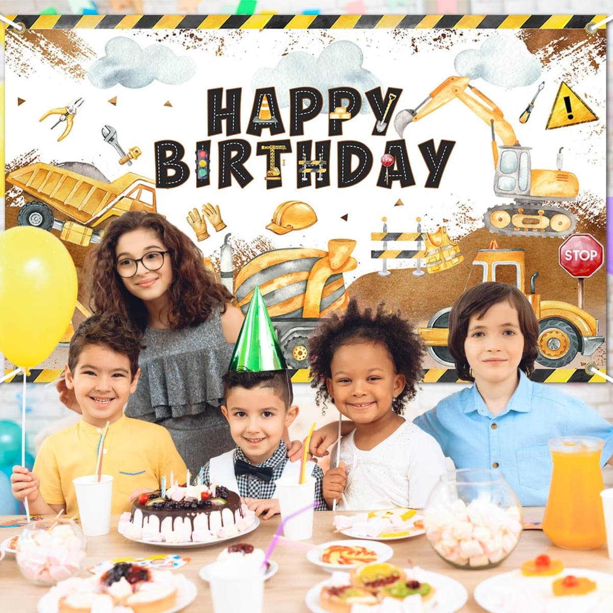 Avezano Construction Birthday Backdrop Banner Construction Theme Birthday Party Decorations Excavator Happy Birthday Banner for Boys Kids Bday Supplies 70.8 x 43.3 Inch thumbnail 3