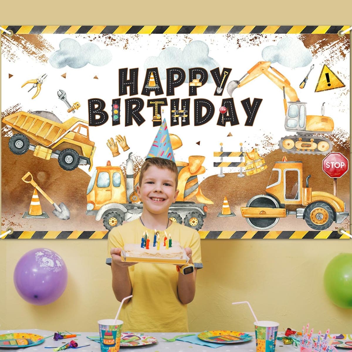 Avezano Construction Birthday Backdrop Banner Construction Theme Birthday Party Decorations Excavator Happy Birthday Banner for Boys Kids Bday Supplies 70.8 x 43.3 Inch thumbnail 5