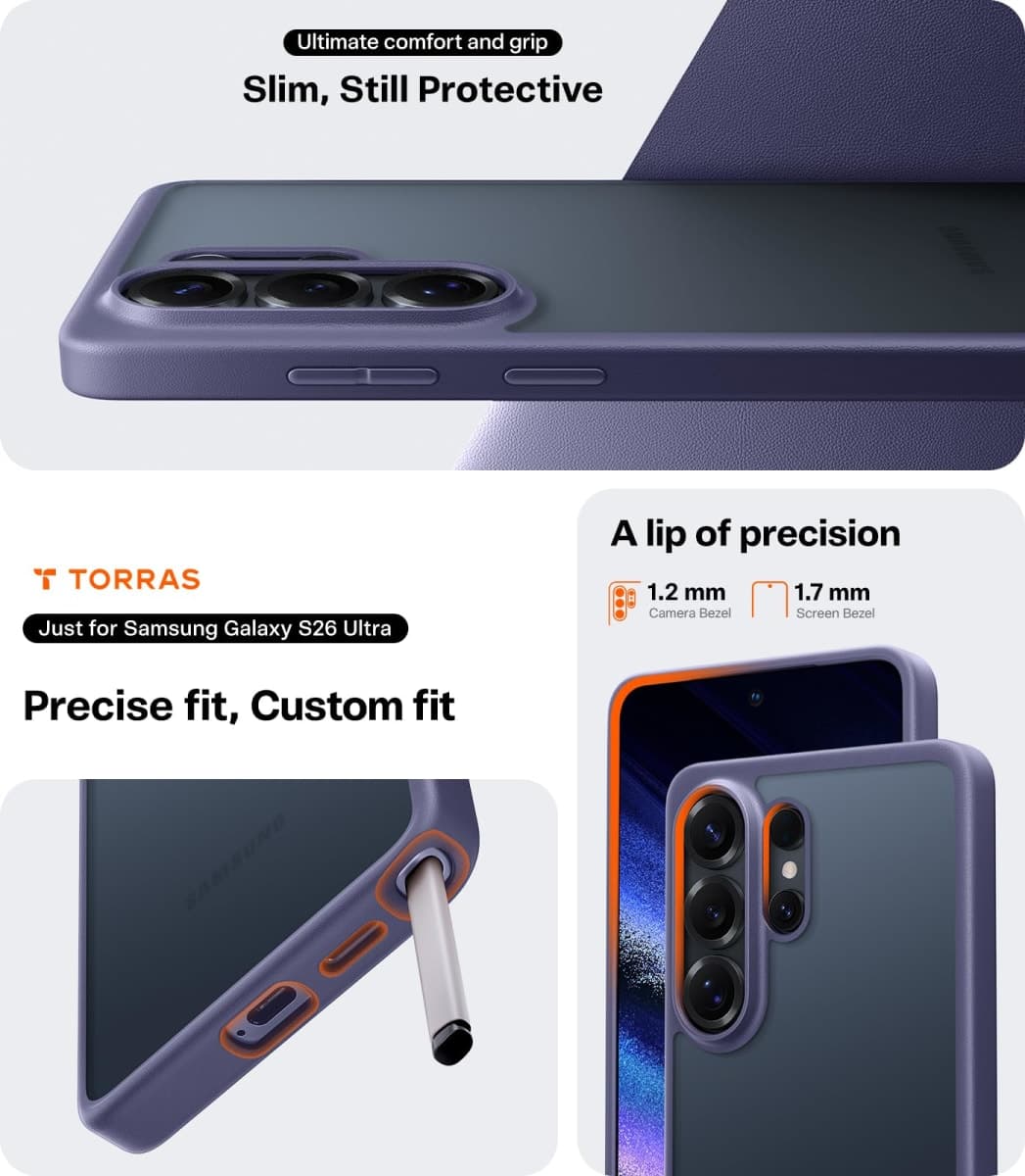 TORRAS for Samsung Galaxy s26 Ultra case, [12FT Military-Grade Protection] Slim case for Samsung s26 Ultra case Thin, Matte Translucent Purple, Thin, 6.9'' Guardian Series thumbnail 5