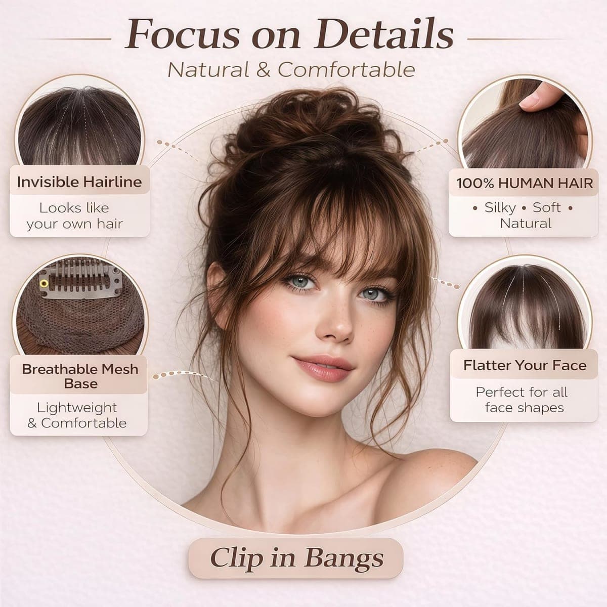 HAITOO Clip in Bangs, 100% Real Human Hair Wispy Fake Bangs Hair Clip for Women Brown Natural Curtain Fringe with Temples Hairpieces for Daily Wear(French,Light Brown) thumbnail 2