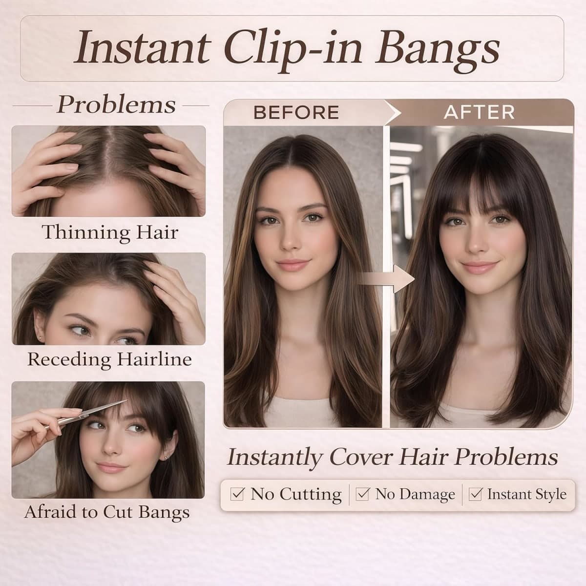 HAITOO Clip in Bangs, 100% Real Human Hair Wispy Fake Bangs Hair Clip for Women Brown Natural Curtain Fringe with Temples Hairpieces for Daily Wear(French,Light Brown) thumbnail 3