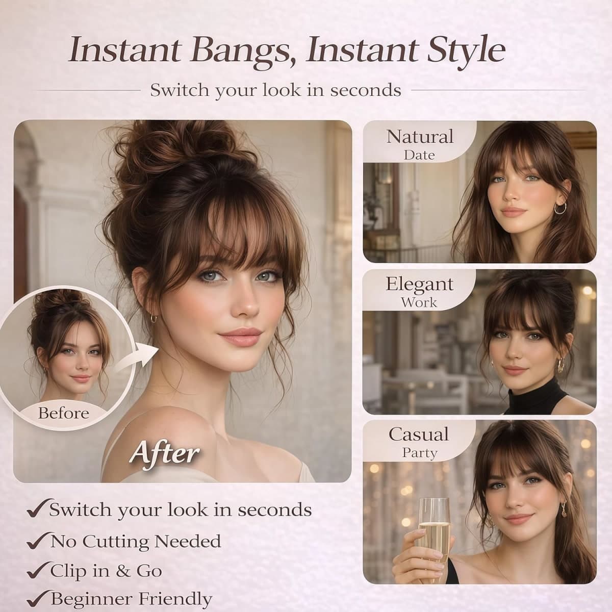 HAITOO Clip in Bangs, 100% Real Human Hair Wispy Fake Bangs Hair Clip for Women Brown Natural Curtain Fringe with Temples Hairpieces for Daily Wear(French,Light Brown) thumbnail 4