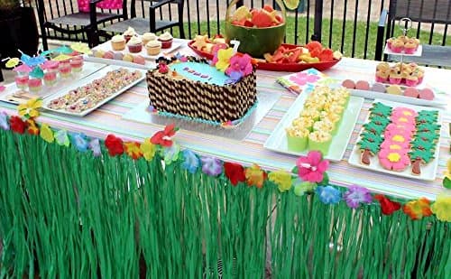 Adorox Hawaiian Luau Hibiscus Green Table Skirt 9ft Party Decorations (Green (2 Table Skirts)) thumbnail 2