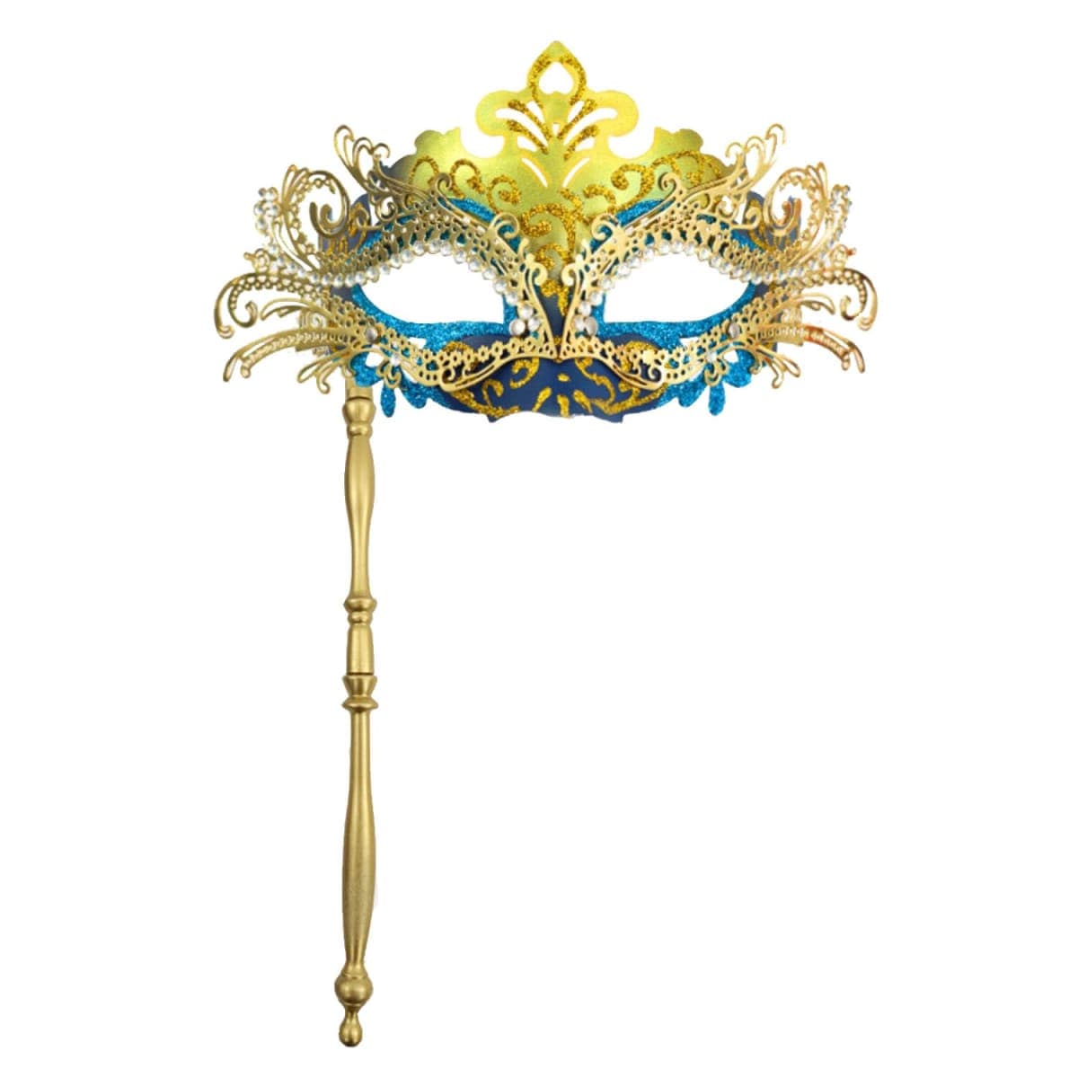 Aimeein Handheld Venetian Mask for Women Blue and Gold Mardi Gras Mask for Carnival, Halloween — image 1
