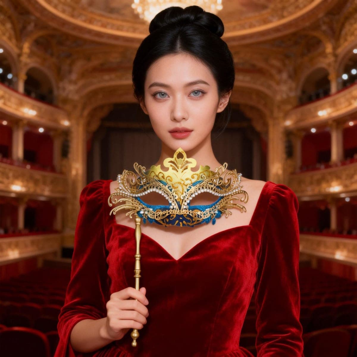 Aimeein Handheld Venetian Mask for Women Blue and Gold Mardi Gras Mask for Carnival, Halloween thumbnail 2