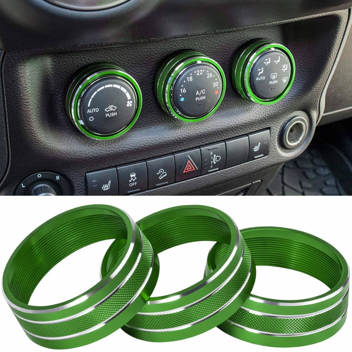 Audio Air Conditioning Button Cover Decoration Twist Switch Ring Trim for Jeep Wrangler JK JKU Patriot 2011-2018, Compass 11-16, Liberty 08-12, Dodge Challenger 08-14 Interior Accessories Green 3PCS — image 1