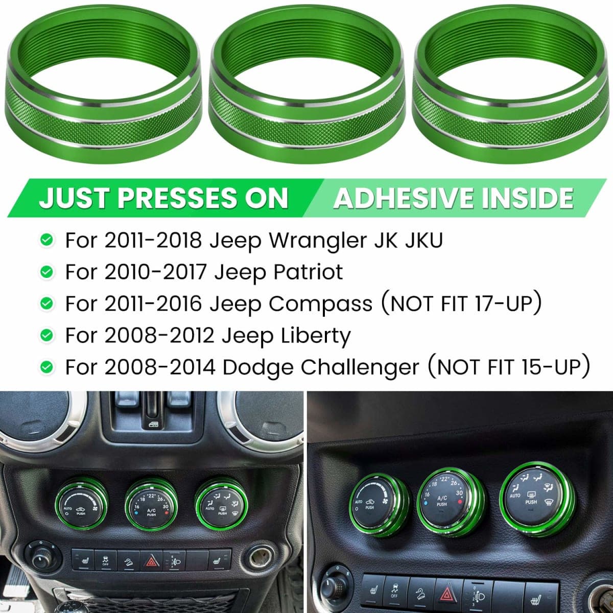 Audio Air Conditioning Button Cover Decoration Twist Switch Ring Trim for Jeep Wrangler JK JKU Patriot 2011-2018, Compass 11-16, Liberty 08-12, Dodge Challenger 08-14 Interior Accessories Green 3PCS thumbnail 2