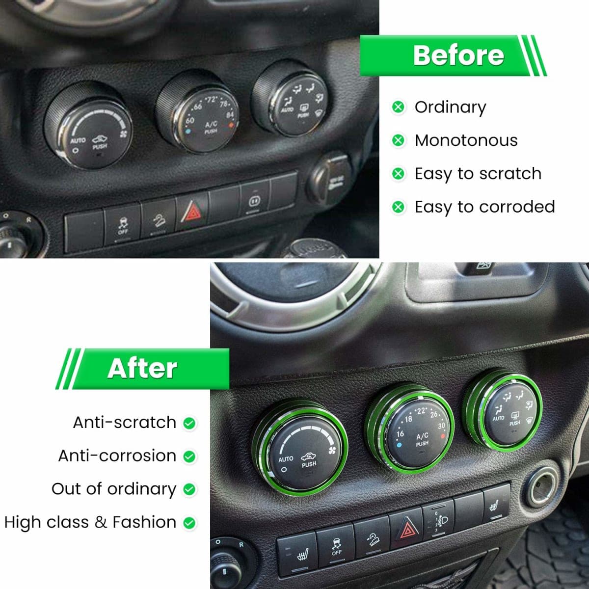 Audio Air Conditioning Button Cover Decoration Twist Switch Ring Trim for Jeep Wrangler JK JKU Patriot 2011-2018, Compass 11-16, Liberty 08-12, Dodge Challenger 08-14 Interior Accessories Green 3PCS thumbnail 4
