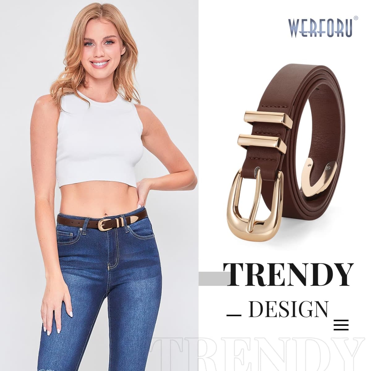 WERFORU Women Leather Belt Fashion Leather Waist Belt for Pants Jean Ladies Western Thin Belt with Gold/Silver Buckle, E-coffee, Fit Waist Size 37-41 Inches thumbnail 2