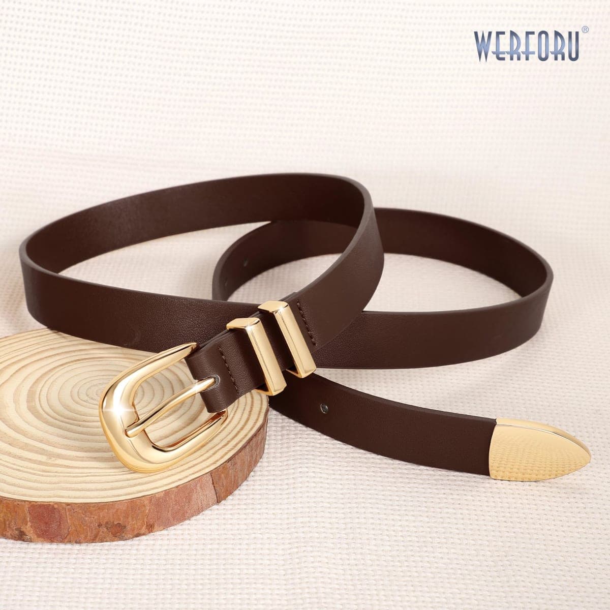 WERFORU Women Leather Belt Fashion Leather Waist Belt for Pants Jean Ladies Western Thin Belt with Gold/Silver Buckle, E-coffee, Fit Waist Size 37-41 Inches thumbnail 4