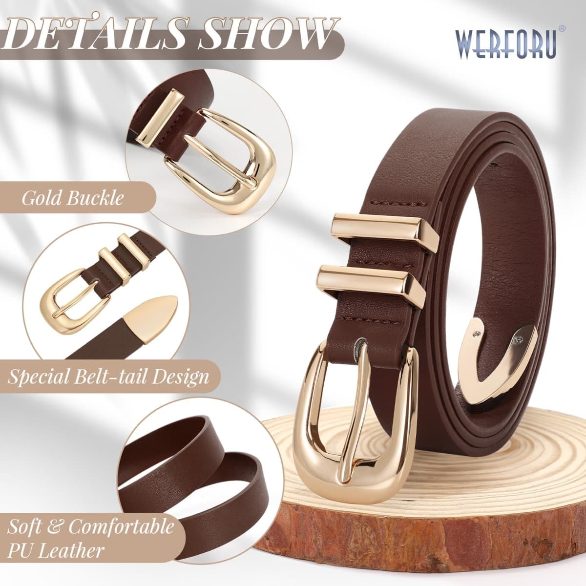 WERFORU Women Leather Belt Fashion Leather Waist Belt for Pants Jean Ladies Western Thin Belt with Gold/Silver Buckle, E-coffee, Fit Waist Size 37-41 Inches thumbnail 5