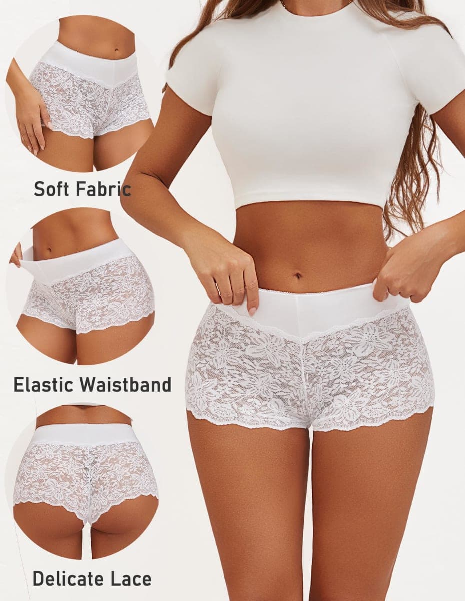 ALL OF SHE Sexy Lace Underwear for Women Boy Shorts Breathable Women Underwear Elastic Cotton Waistband Cheeky Panties 5 Pack — image 1