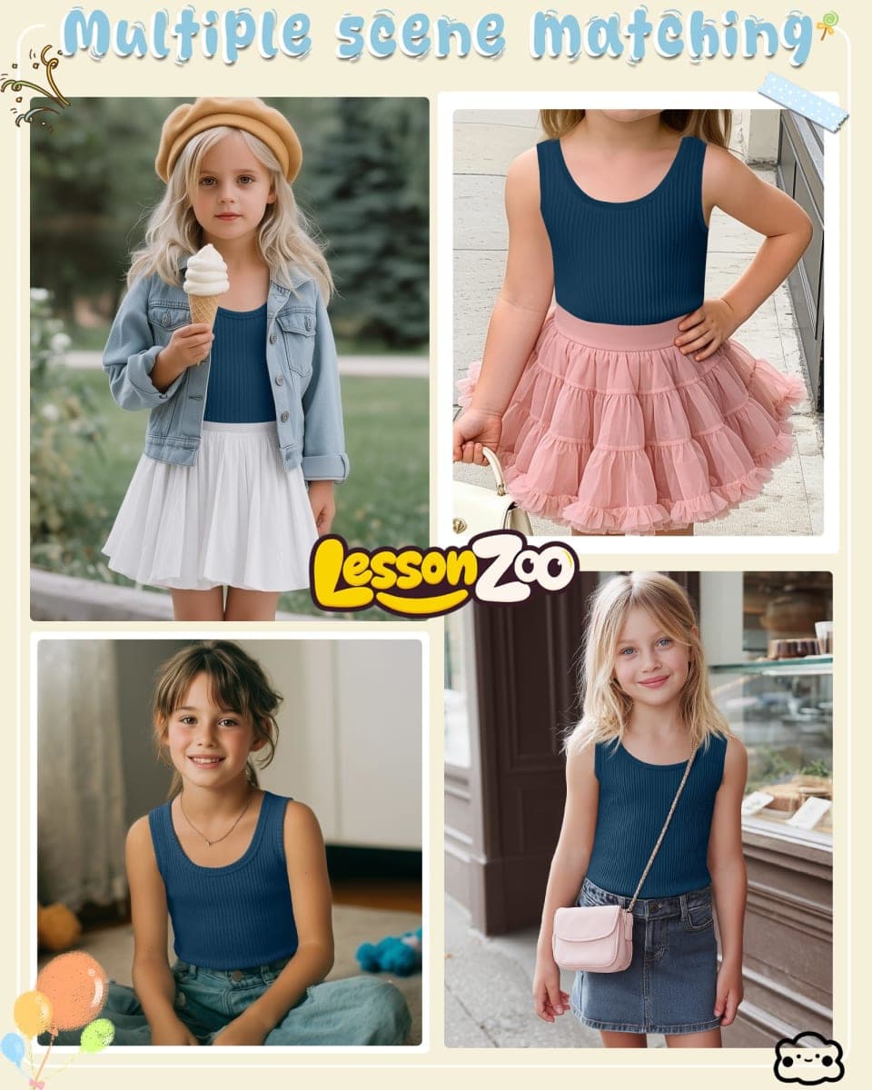 LessonZoo Girls Tank Top Ribbed Knit Slim Fit Camisole U Neck Sleeveless Stretch Undershirt Summer Basic Tank for 5-14 Years, Khaki, 11-12 Years thumbnail 2