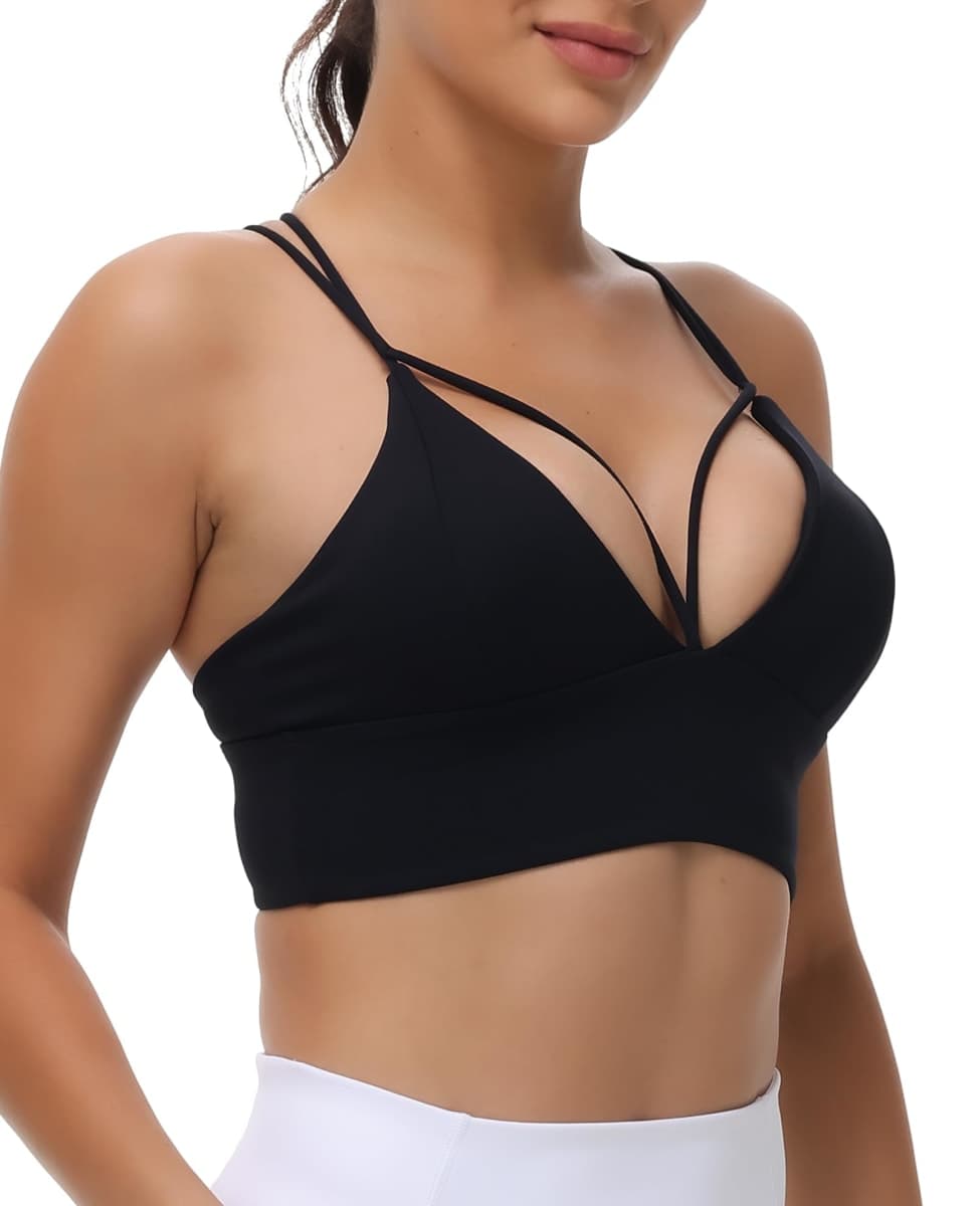 MotoRun Womens Push-up Padded Strappy Sports Bra Cross Back Wirefree Fitness Yoga Top, Black-383, Medium thumbnail 2