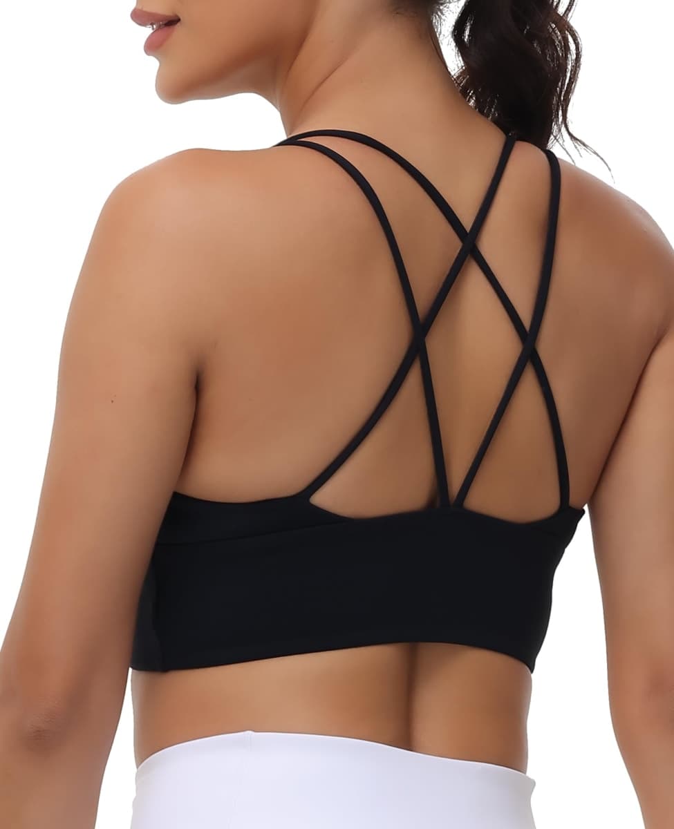 MotoRun Womens Push-up Padded Strappy Sports Bra Cross Back Wirefree Fitness Yoga Top, Black-383, Medium thumbnail 3