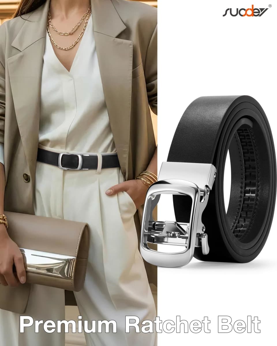 SUOSDEY Women Leather Ratchet Belt for Jeans Dresses with Automatic Sliding Buckle, Adjustable Belt for Ladies, Width 1.2", Black (Silver), M: fits waist size from 30"-33" thumbnail 2