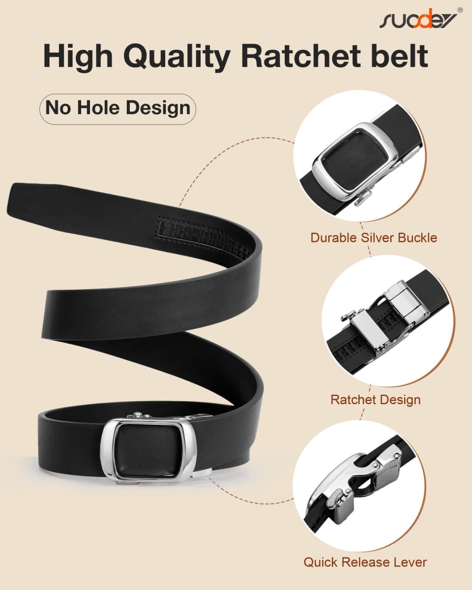 SUOSDEY Women Leather Ratchet Belt for Jeans Dresses with Automatic Sliding Buckle, Adjustable Belt for Ladies, Width 1.2", Black (Silver), M: fits waist size from 30"-33" thumbnail 3