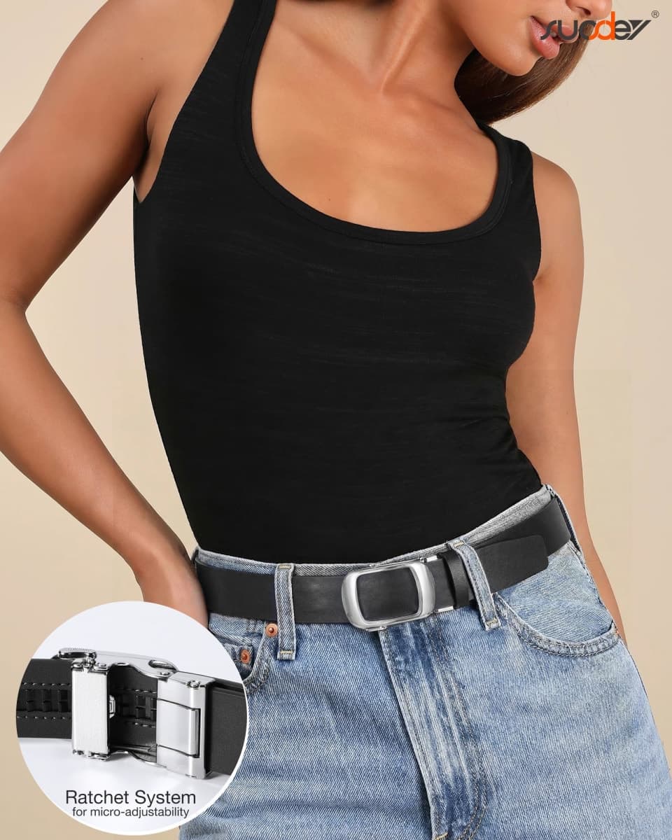 SUOSDEY Women Leather Ratchet Belt for Jeans Dresses with Automatic Sliding Buckle, Adjustable Belt for Ladies, Width 1.2", Black (Silver), M: fits waist size from 30"-33" thumbnail 4