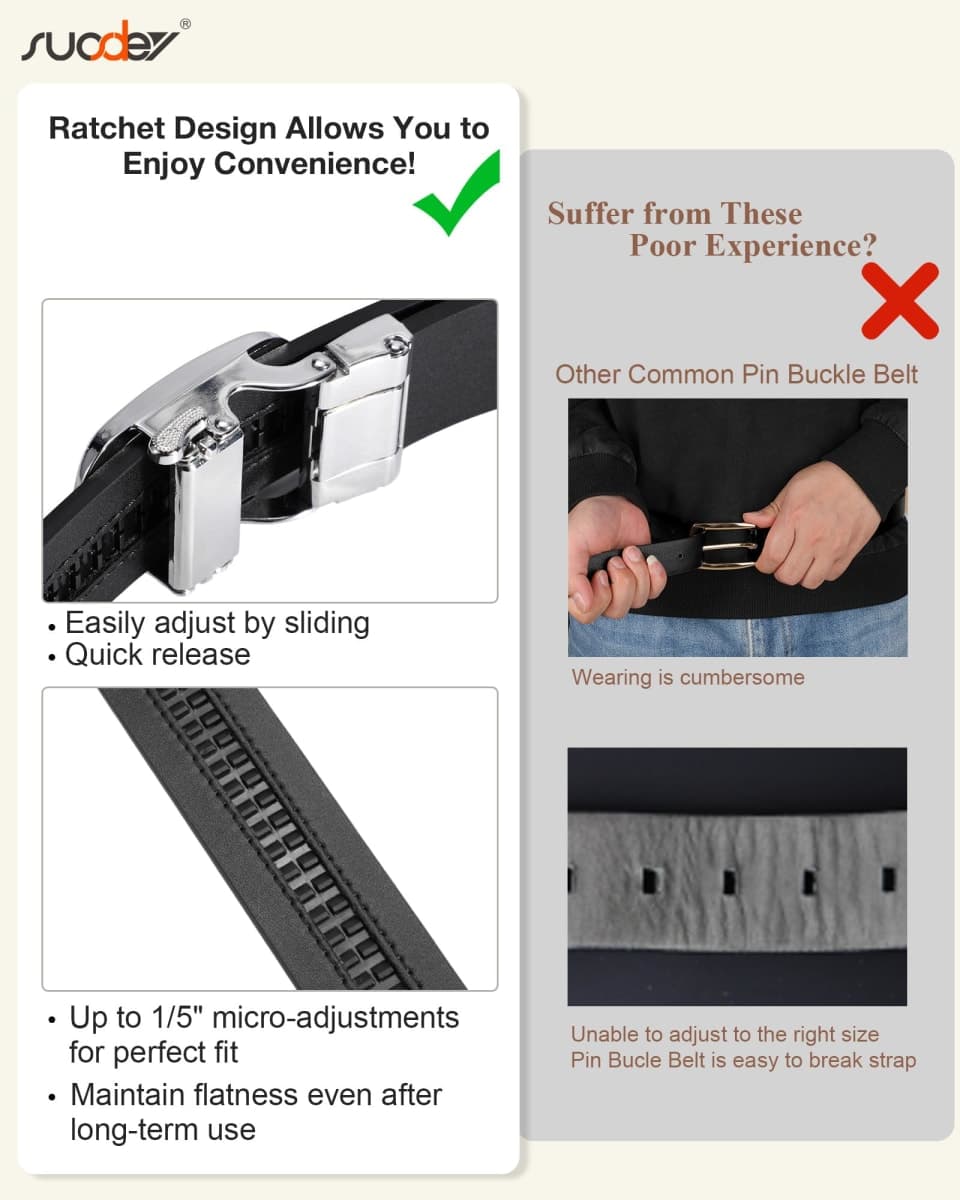 SUOSDEY Women Leather Ratchet Belt for Jeans Dresses with Automatic Sliding Buckle, Adjustable Belt for Ladies, Width 1.2", Black (Silver), M: fits waist size from 30"-33" thumbnail 5