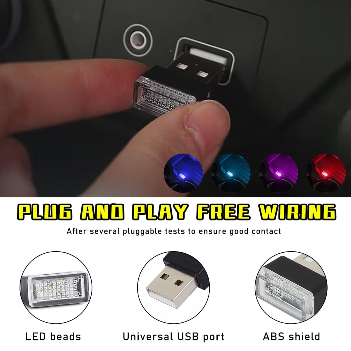 Augeny 4 PCS USB LED Car Interior Atmosphere Lamp, Plug-in USB Decor Night Light, Portable Auto Ambient Lighting Kit, Universal Vehicle Interior Accessories for Most Cars (Blue+Ice Blue+Red+Purple) thumbnail 3