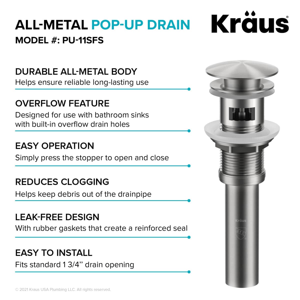 KRAUS Pop-Up Drain for Bathroom Sink with Overflow in Spot-Free Stainless Steel, PU-11SFS thumbnail 2
