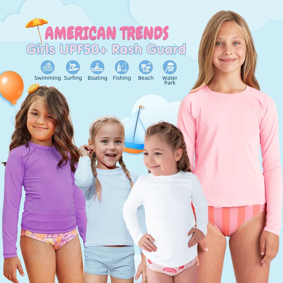 American Trends Girls Rash Guard: UPF+ 50 Long Sleeve UV Protection Shirts for Girls - Lightweight Quick Dry Sun Shirts 5-16T, Pink, 8-10 Years thumbnail 3