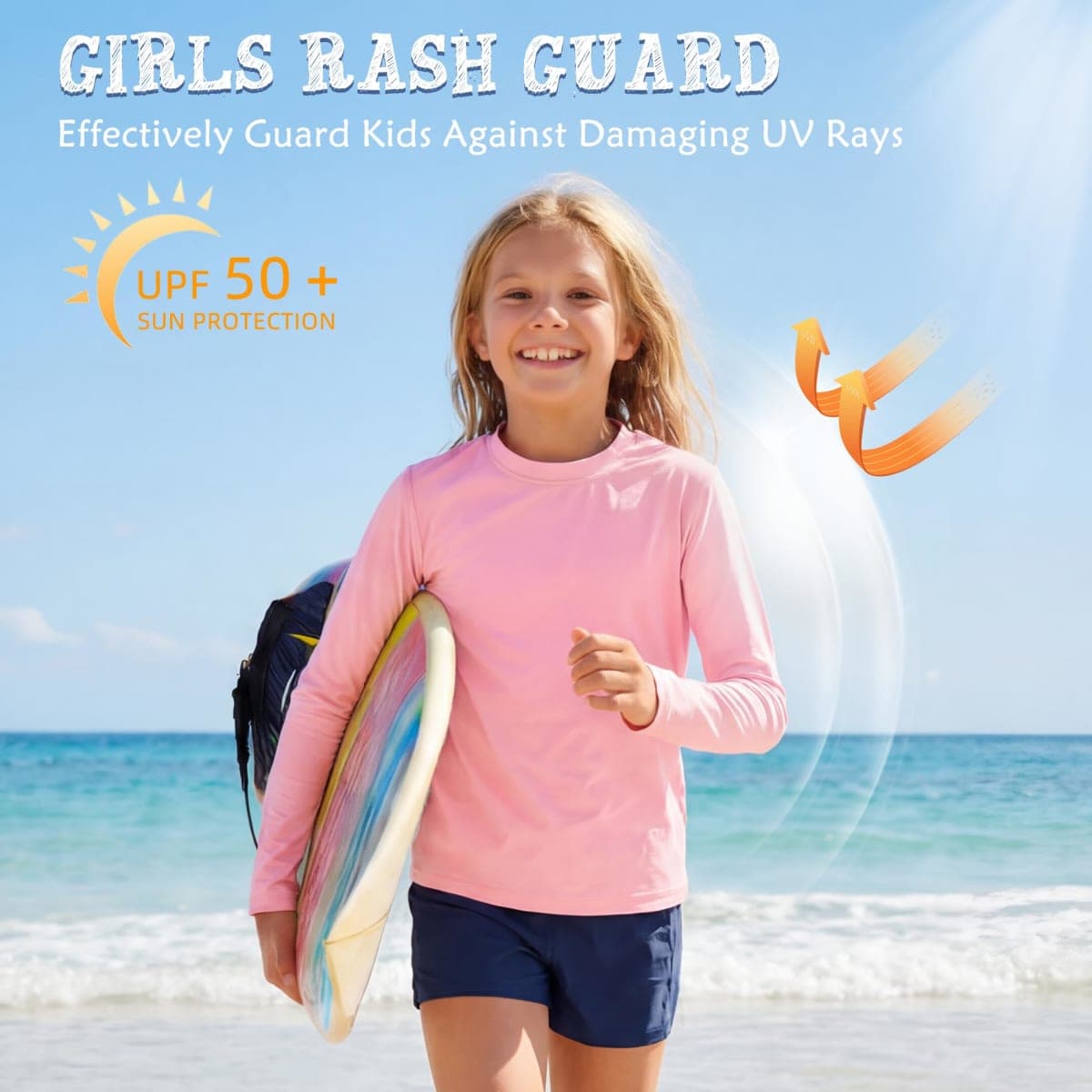 American Trends Girls Rash Guard: UPF+ 50 Long Sleeve UV Protection Shirts for Girls - Lightweight Quick Dry Sun Shirts 5-16T, Pink, 8-10 Years thumbnail 4