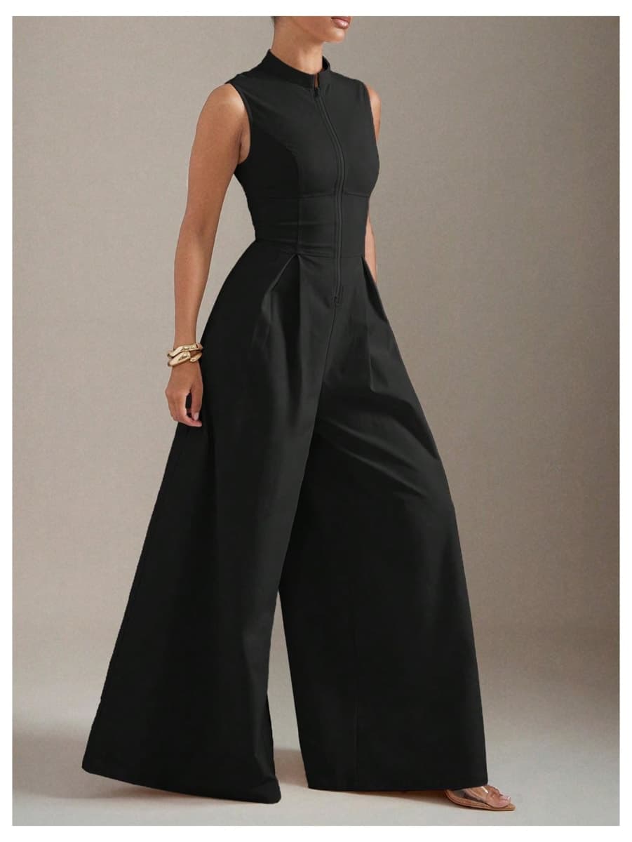 Verdusa Women's Zip Up Wide Leg Jumpsuits Sleeveless One Piece Dressy Rompers Formal, Black, X-Large thumbnail 3