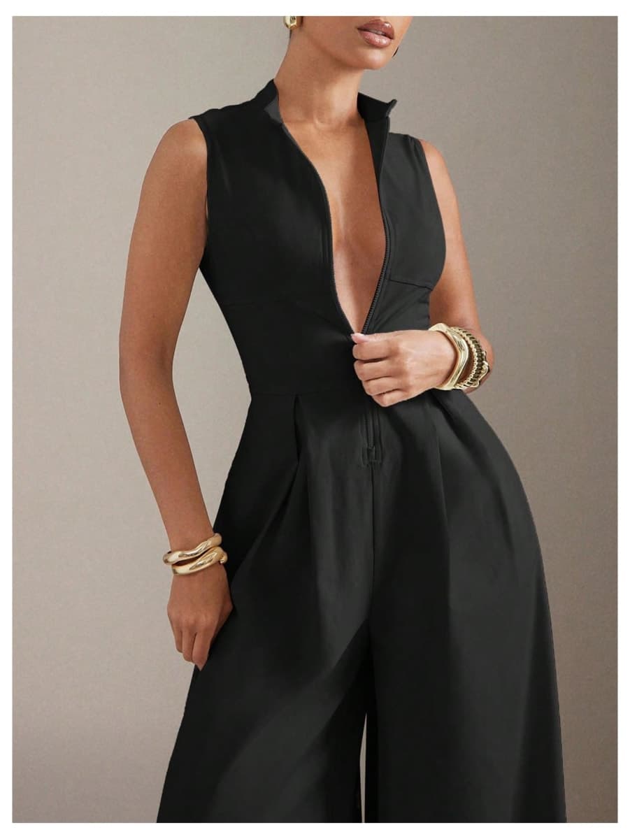 Verdusa Women's Zip Up Wide Leg Jumpsuits Sleeveless One Piece Dressy Rompers Formal, Black, X-Large thumbnail 5