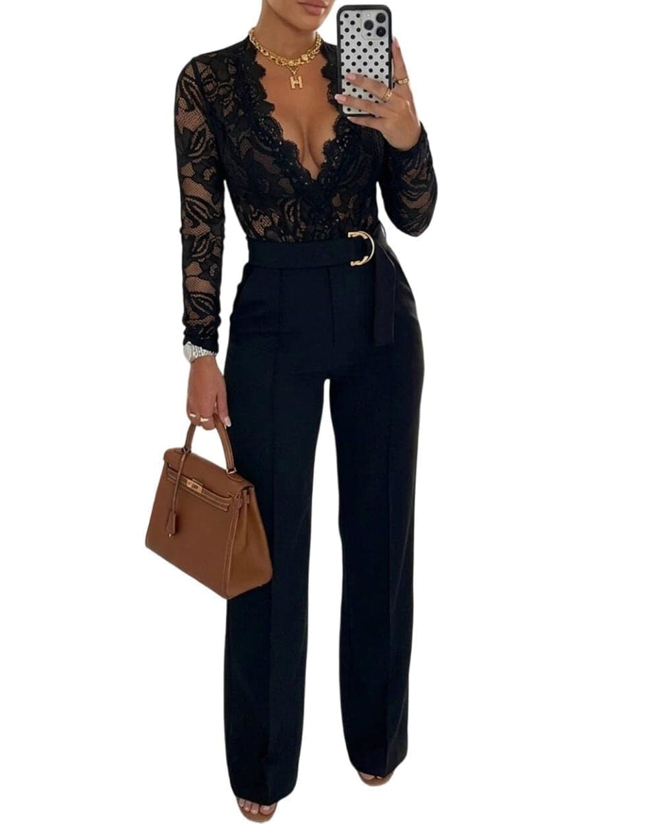 CHICME Womens Floral Lace Jumpsuit 2025 Deep V-Neck Casual Fall Long Sleeve Ovearalls with Belt Pant Side Pockets, Black, Medium — image 1