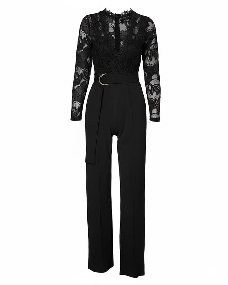 CHICME Womens Floral Lace Jumpsuit 2025 Deep V-Neck Casual Fall Long Sleeve Ovearalls with Belt Pant Side Pockets, Black, Medium thumbnail 5