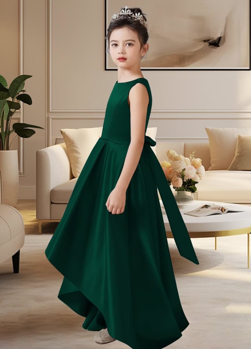 dideyttawl Satin Hi-Lo Formal Dress for Girls 4-16 Sleeveless A Line Quinceanera Dresses Flower Girl Dresses for Wedding, Dark Green, 8 thumbnail 2