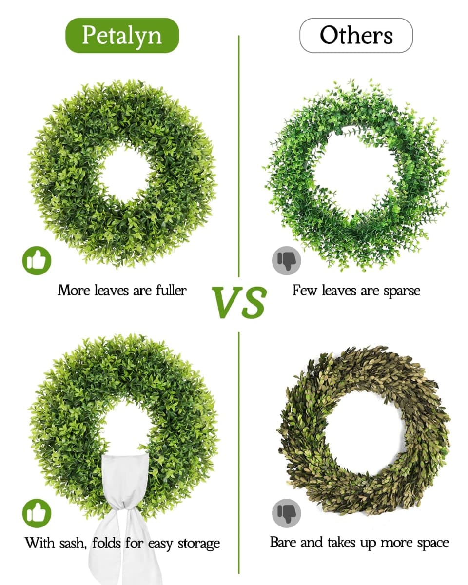petalyn 22 Inch Artificial Boxwood Wreaths for Front Door, Spring Summer Door Wreath with Sash, Green Wreath Weatherproof for Wall Window Porch Farmhouse Wedding Decor All Year Round Indoor Outdoor thumbnail 3